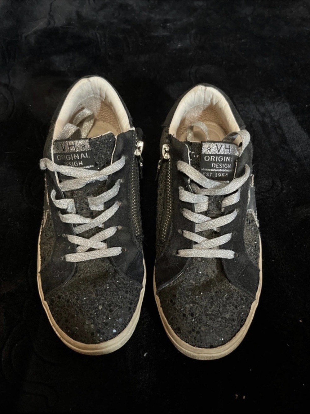 Vintage Havana Kids Black Glitter Sneakers with Silver Laces